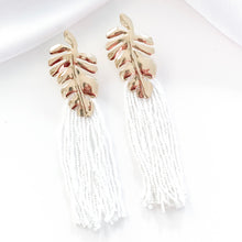 Load image into Gallery viewer, Gold Leaf and White Tassle Earrings
