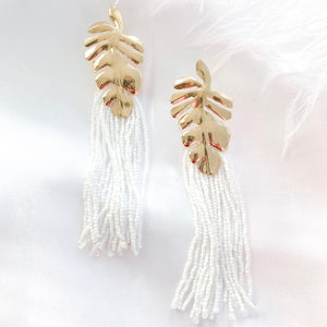 Gold Leaf and White Tassle Earrings