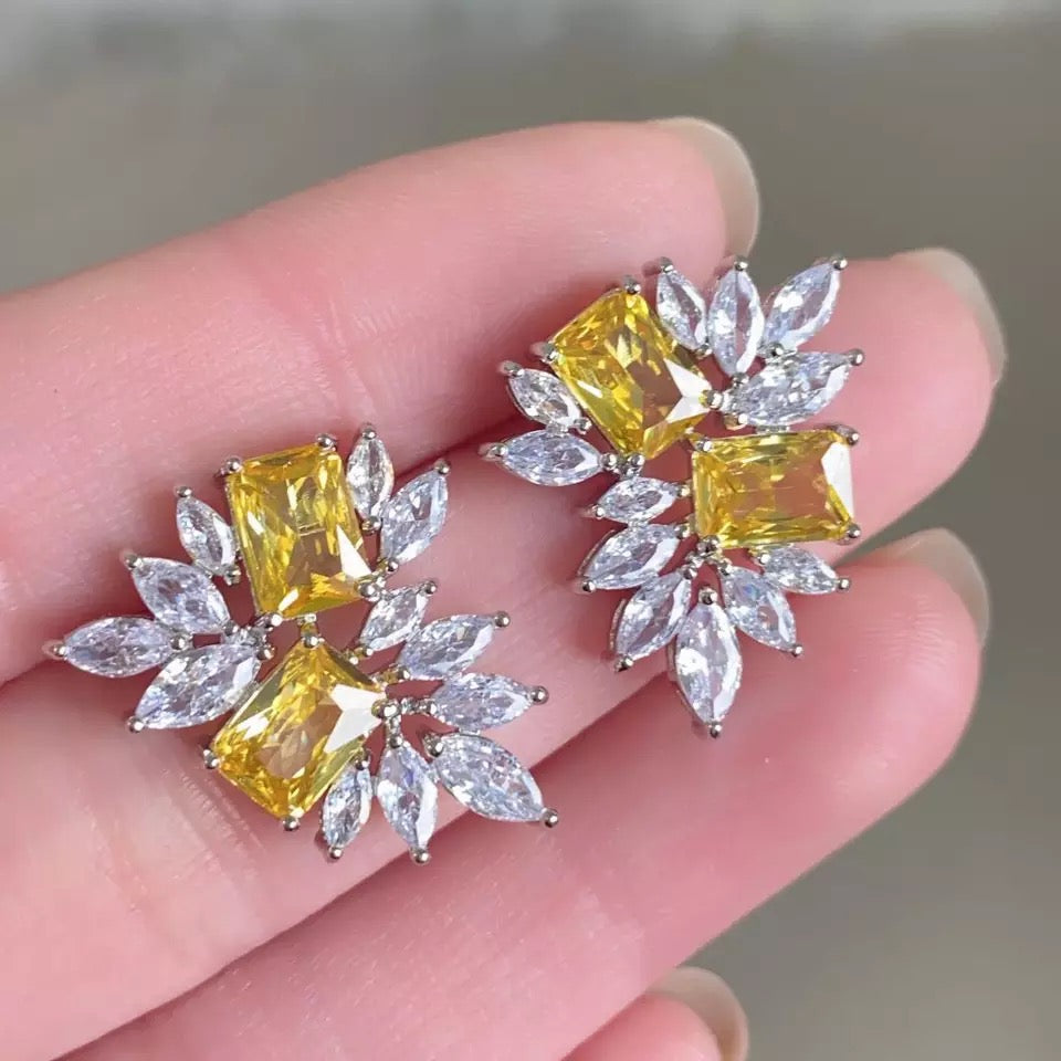 Yellow and Crystal Leaf Spray Earrings