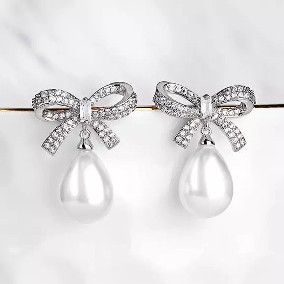 Crystal Bow & Pearl Earrings Silver