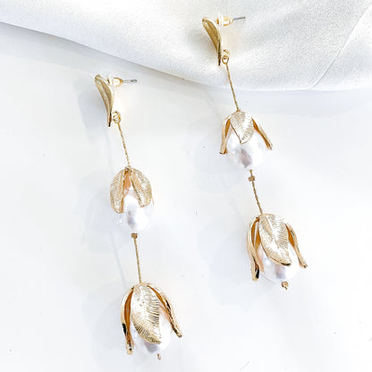 Gold Leaf and Pearl Bud Earrings