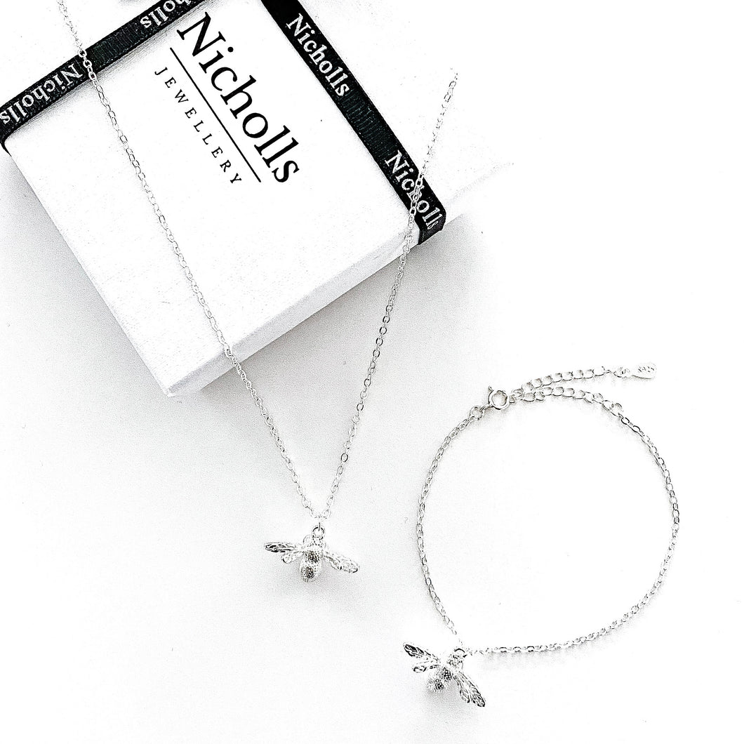 Silver Bee Necklace and Bracelet Set