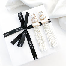 Load image into Gallery viewer, White Beaded Tassel Earrings
