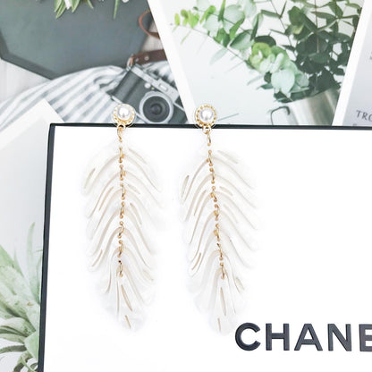 Feather Leaf White Earrings