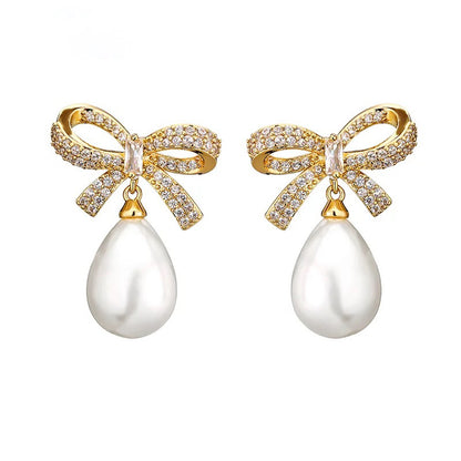 Crystal Bow & Pearl Earrings Gold
