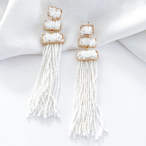 White Beaded Tassel Earrings