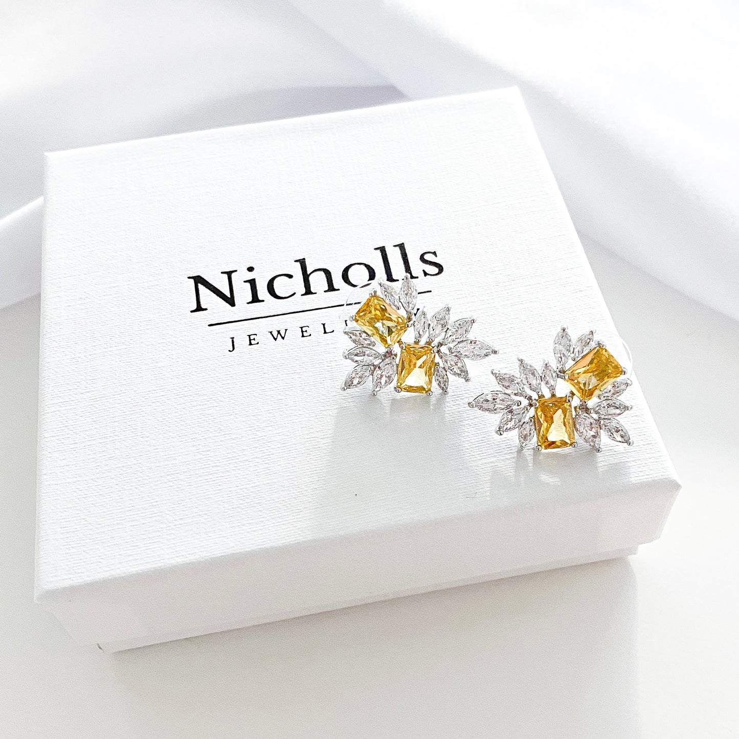 Yellow and Crystal Leaf Spray Earrings