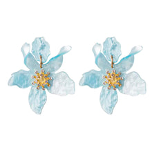 Load image into Gallery viewer, flower earrings, large flower earrings, blue flower earrings, flower jewellery, fashion earrings, statement earrings, hen do earrings, bride earrings, pretty earrings, womens accessories, womens earrings, bridesmaid earrings, hen do jewellery, summer earrings, summer jewellery
