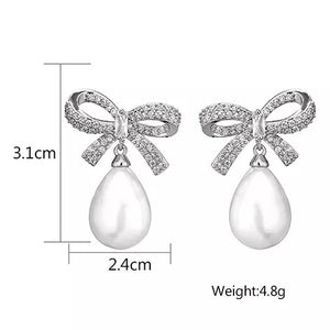 Crystal Bow & Pearl Earrings Silver